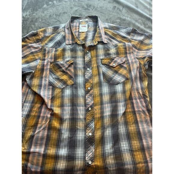 Levi’s Plaid Shirt Men’s XXL Black Yellow White‎ Short Sleeve Western Pearl Snap - Picture 1 of 6